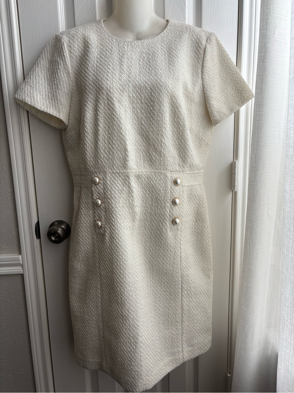 Ann Taylor Cream Textured Classic Shift Dress with Pearl Buttons